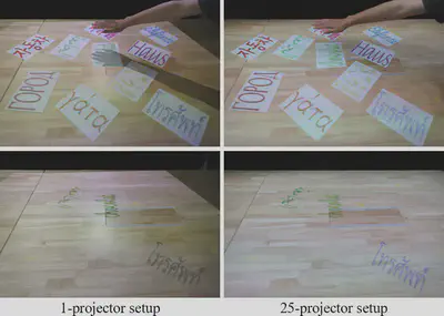 Stimuli used in the user study. Ten sheets of paper were placed on the tabletop surface: seven had printed text in various languages, and the remaining three were blank with projected text patterns instead.