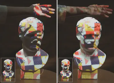 (left) Standard projection mapping and (right) the proposed shadowless projection mapping.