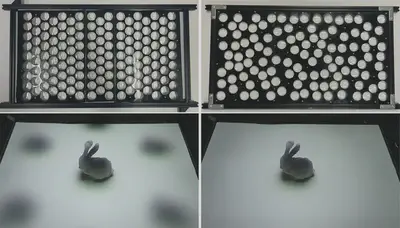 Comparison under target-excluding lighting. Unintended dark spots caused by a conventional periodic lens arrangement (left), and their significant mitigation through the proposed optimized lens placement (right).