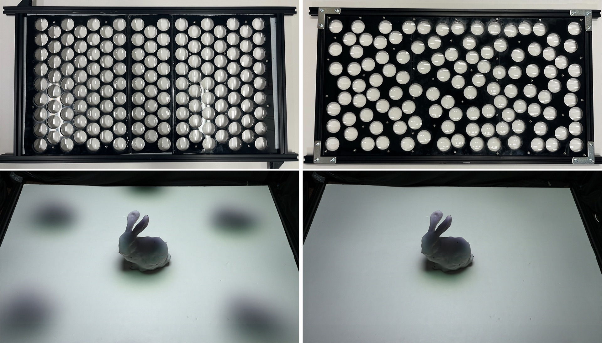 Comparison under target-excluding lighting. Unintended dark spots caused by a conventional periodic lens arrangement (left), and their significant mitigation through the proposed optimized lens placement (right).